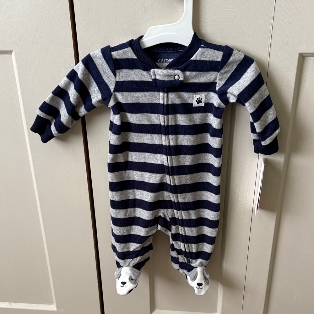 Carter's Navy & Gray Striped Footed One-Piece with Puppy Details